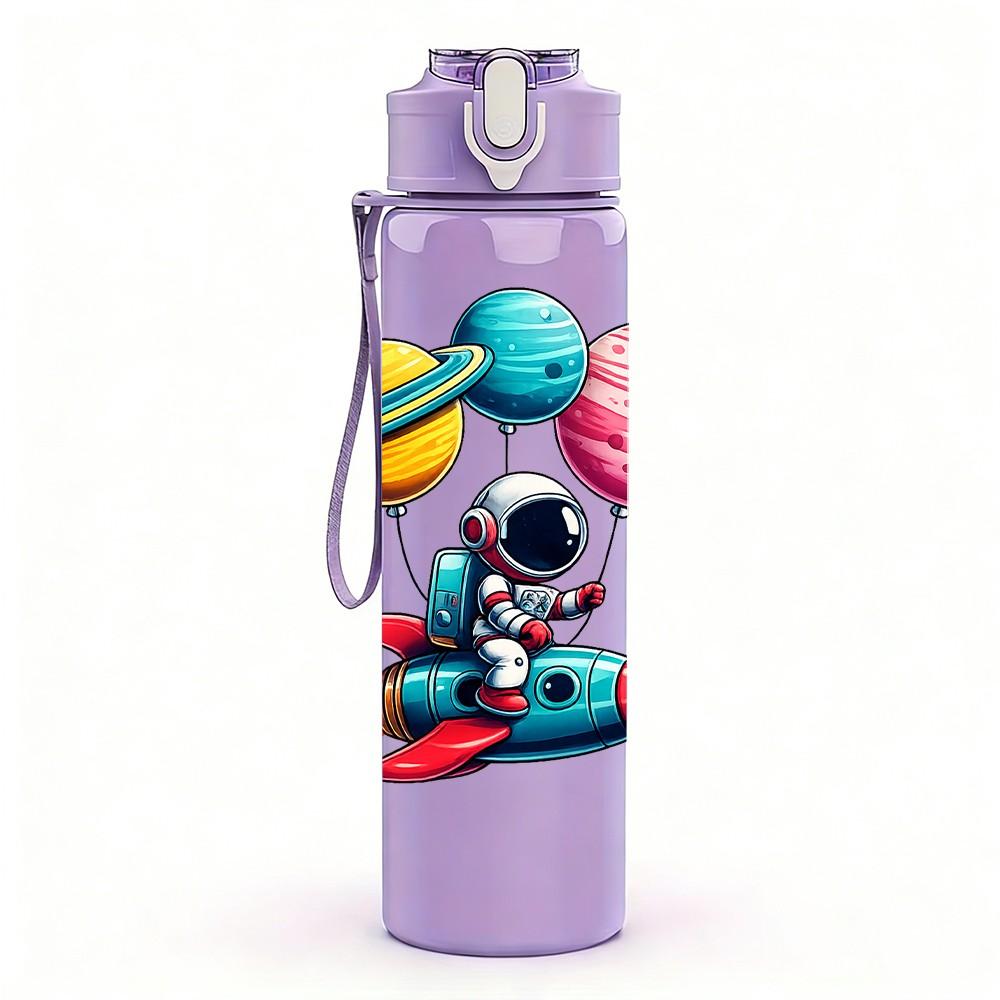 1PC Spaceman Play Toy Planet Cartoon Print 750ml Color Plastic Sports Water Bottle Leakproof Flip Straw Lid Suitable for Sports Office Home Use