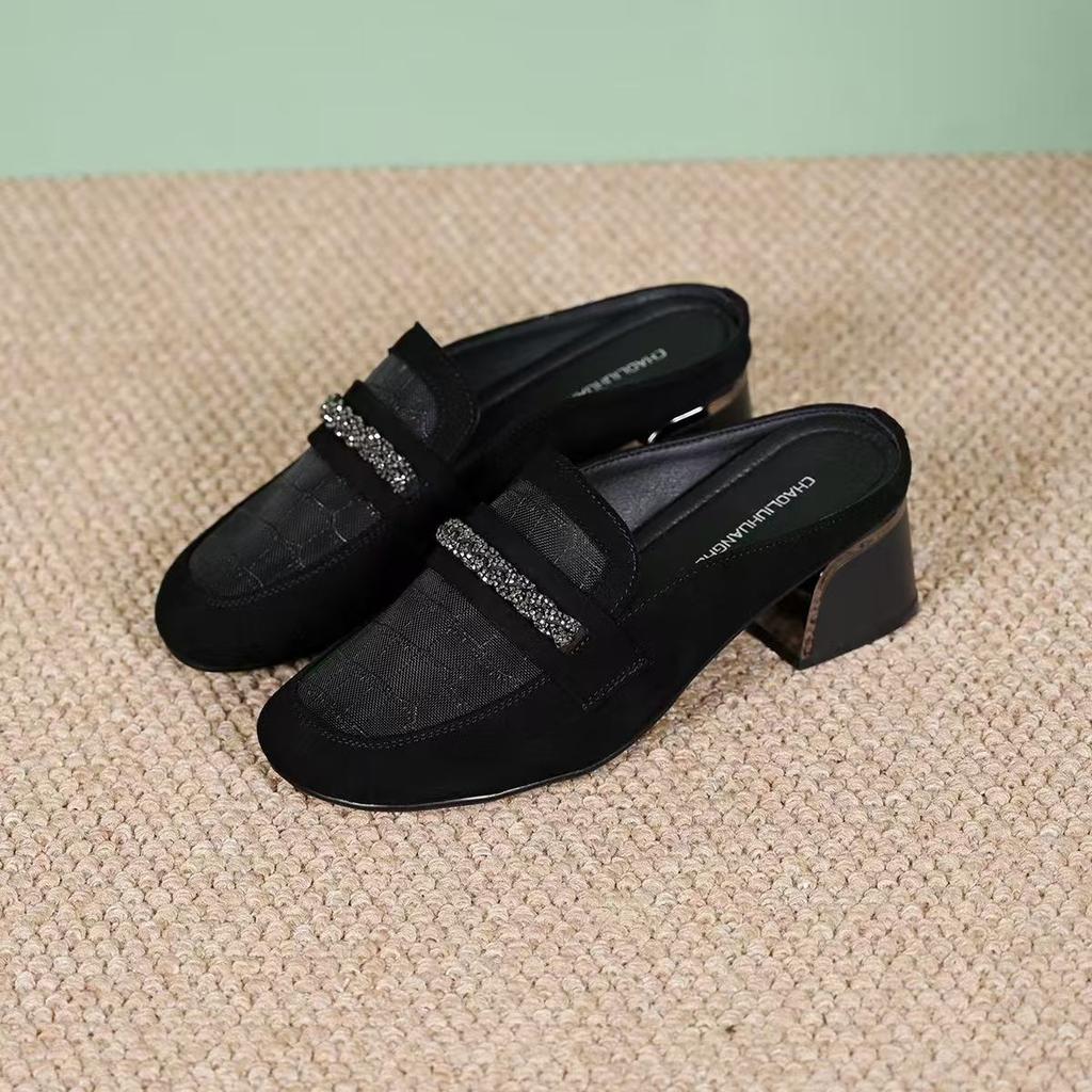 Women's Half Slippers Single Shoes Women's Mesh Yarn Flat Bottom Hollow Soft Leather Breathable Bag Head Rhinestone Matte