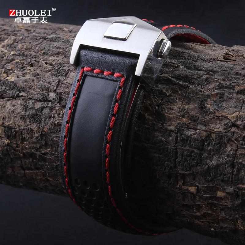 19mm 20mm 22m Cowhide Watchband For TAG Heuer Calera Monaco F1 Black Red Men Genuine Leather Strap Metal Folding Buckle Bracelet