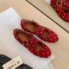 Niche Trendy Brand Large Size Retro Rivet Cross Buckle Mary Jane Single Shoes 25 New Round Head Flat Ballet Shoes