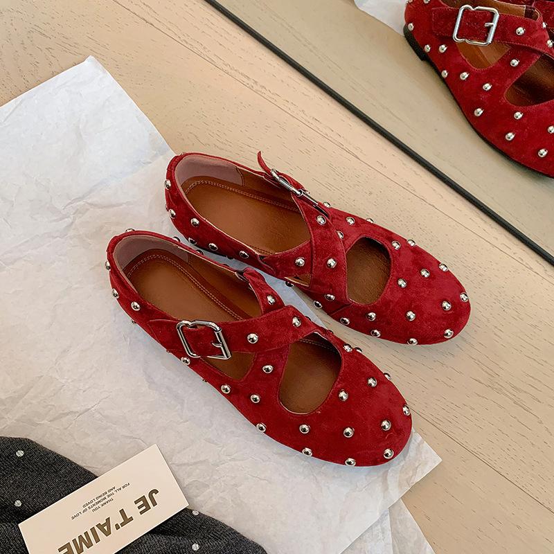 Niche Trendy Brand Large Size Retro Rivet Cross Buckle Mary Jane Single Shoes 25 New Round Head Flat Ballet Shoes