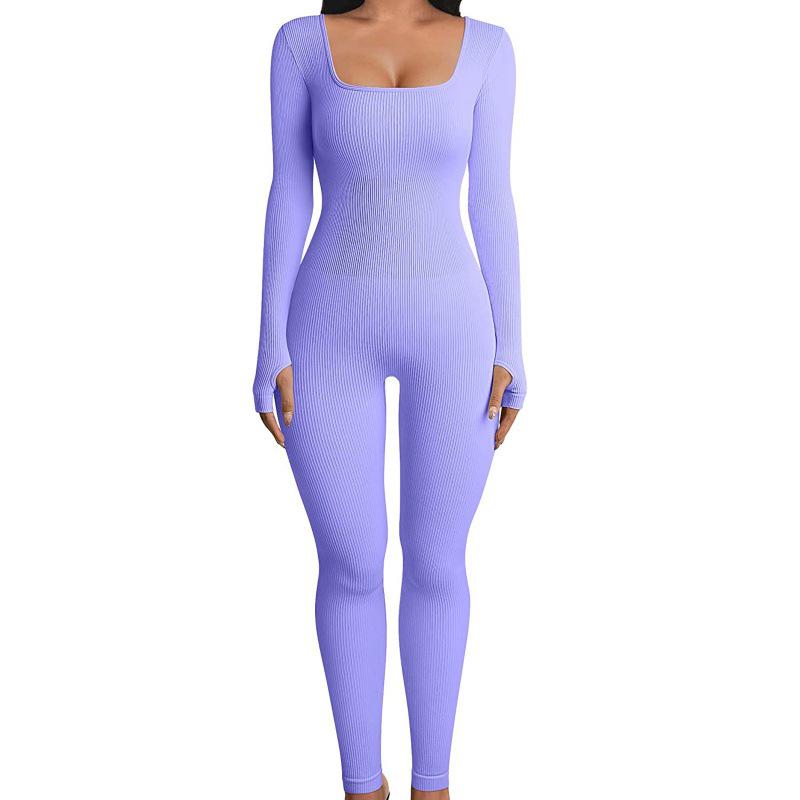 European and American Women’s Ribbed Square Neck Slimming Jumpsuit – New Autumn/Winter Collection