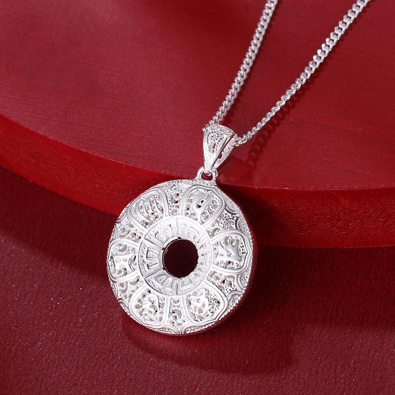 Sterling Silver Filigree Six-Character Mantra Ruyi Pendant Necklace for Women Silver Lock [Without Chain]