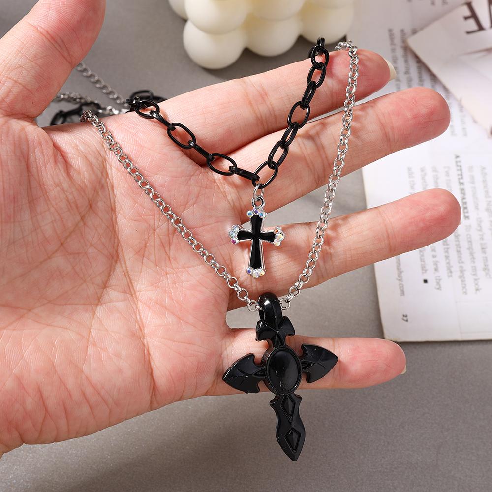 Fashion Multi-layer Cross Pendant Necklaces for Women Men Metal Steampunk Choker Necklace Hip Hop Jewelry Gifts