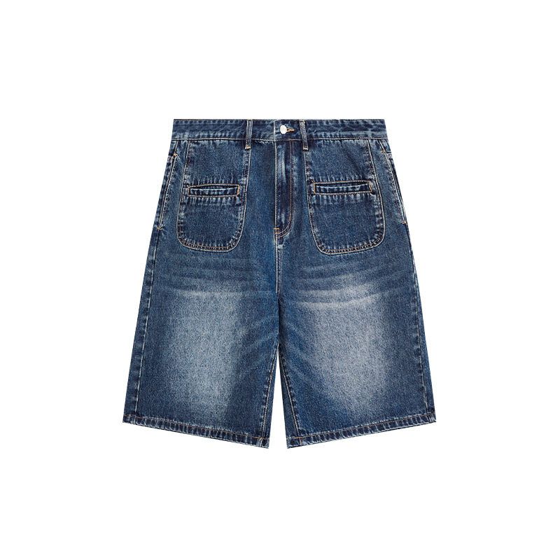 

American Street Front Pocket Retro Style Denim Shorts Men s 2024 Summer Fashion Brand Loose Personality Straight-leg Cropped Pants Blue XL