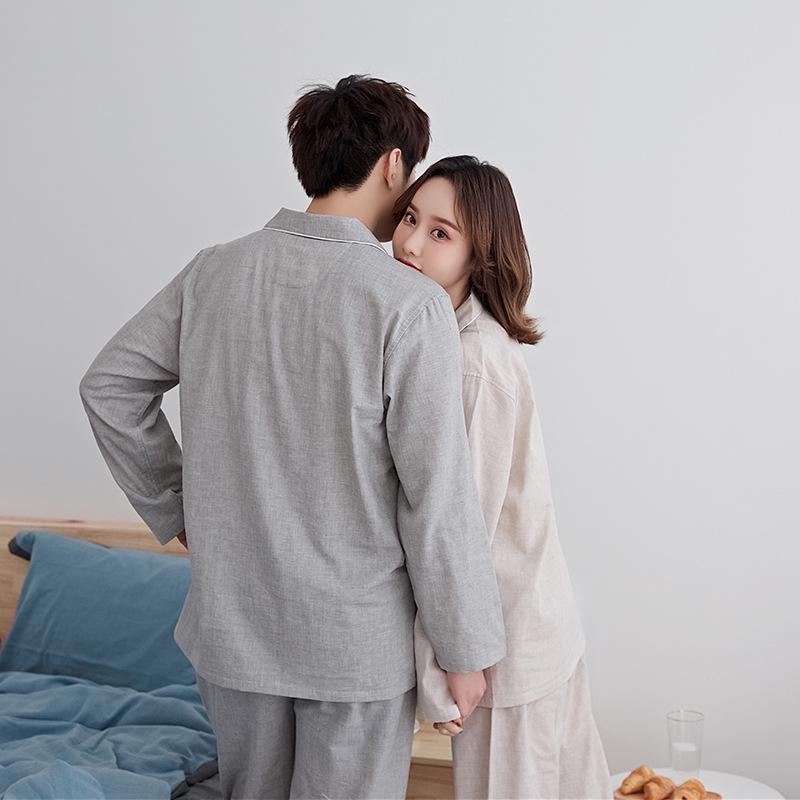 Pure Cotton Double Layer Gauze Long Sleeve Pajamas - Japanese Muji Style for Couples (Spring & Autumn)