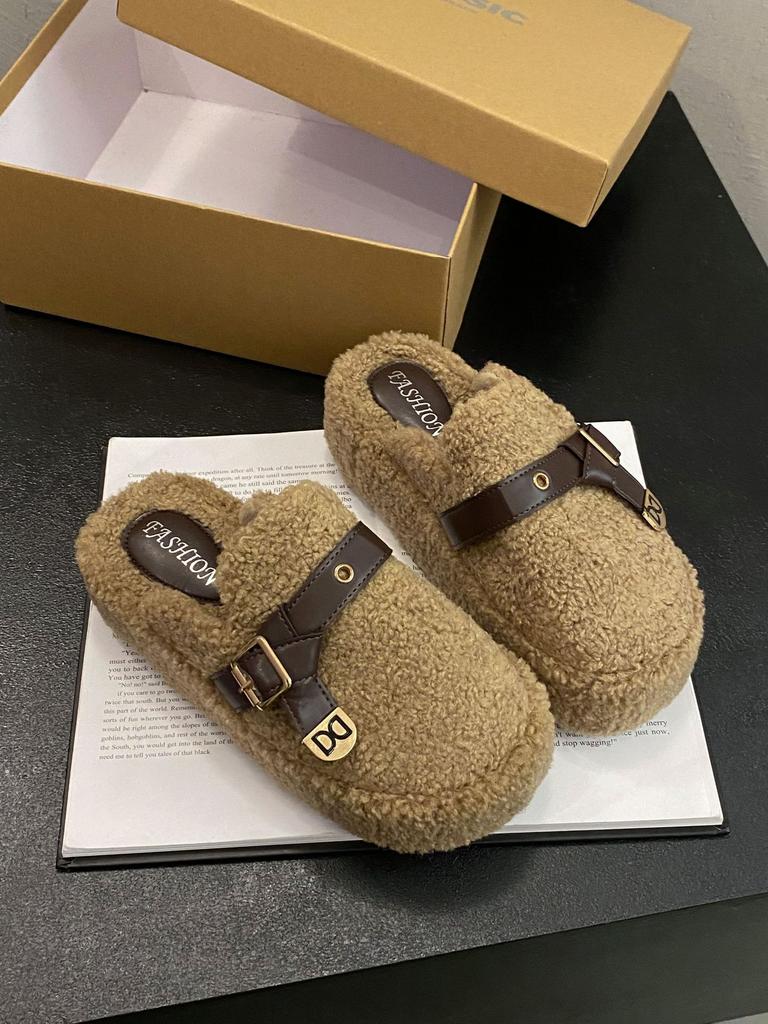 2025 Autumn and Winter New Fashion Fluffy Suede Cotton Slippers Women's Outer Slippers Thick Bottom Solid Color Foot Warm Cotton Slippers