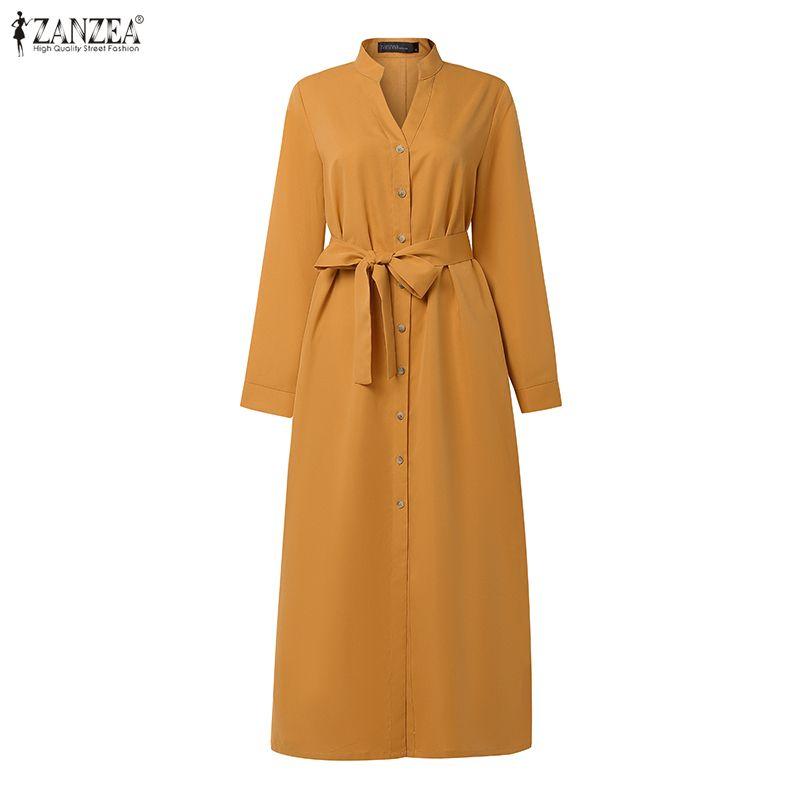 ZANZEA Lässiges, lockeres Kleid mit Stehkragen und langen Ärmeln für Damen