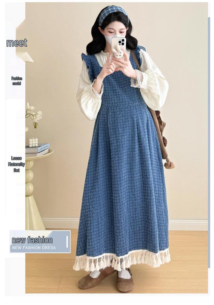 2026 Spring Tassel Plaid Maternity Denim Skirt & Lace Trim Shirt Set