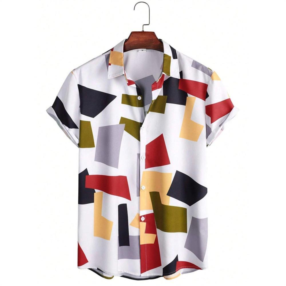 Colorful Irregular Patterns Hawaiian Shirt For Men Tree Leaves 3D Printed Short Sleeves Summer Lapel Blouse Street Aloha Shirts