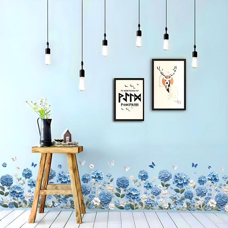 Removable Blue Rose Flowers Baseboard Wall Sticker for Bedroom Living Room Home Decoration
