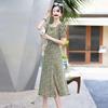 Chic French Floral Print Knee-Length A-Line Dress for Women: Summer Tea Style with Waist-Cinch and Slit Detail