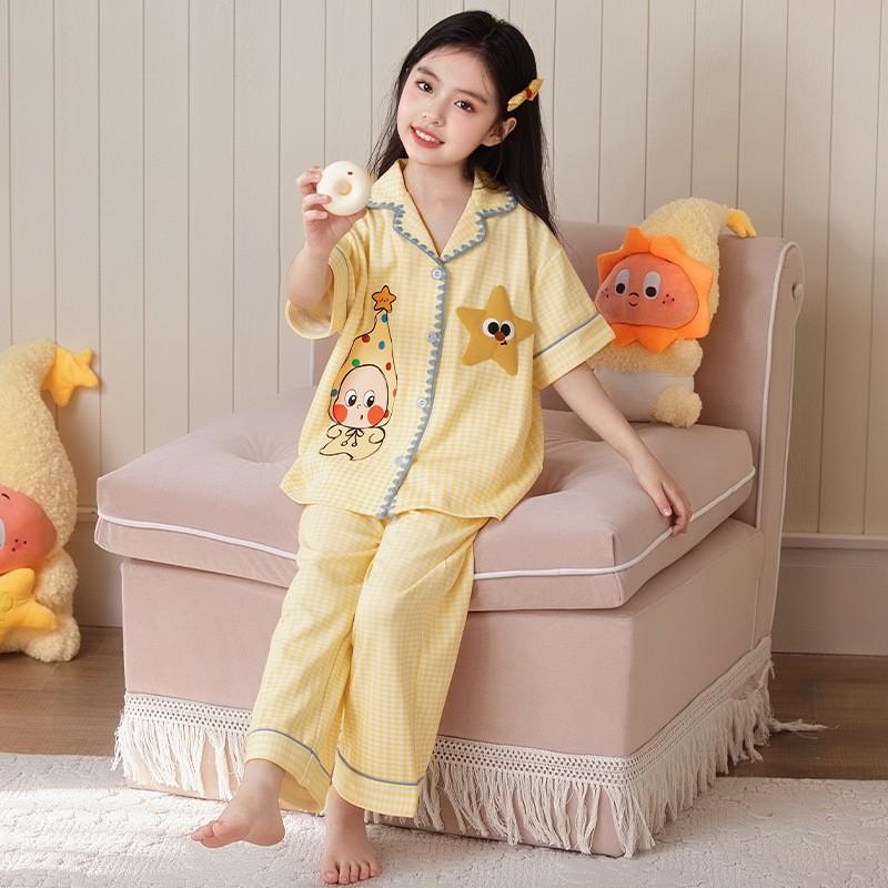 Kids Cotton Pajama Set Short Sleeve Long Pants Cartoon Print Sleepwear Boys Girls Ages 8