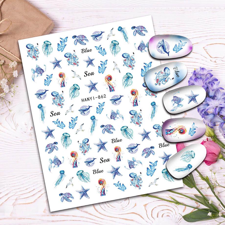 

Летние наклейки для ногтей с океаном: Морская раковина, Медуза, Морская черепаха, Осьминог
