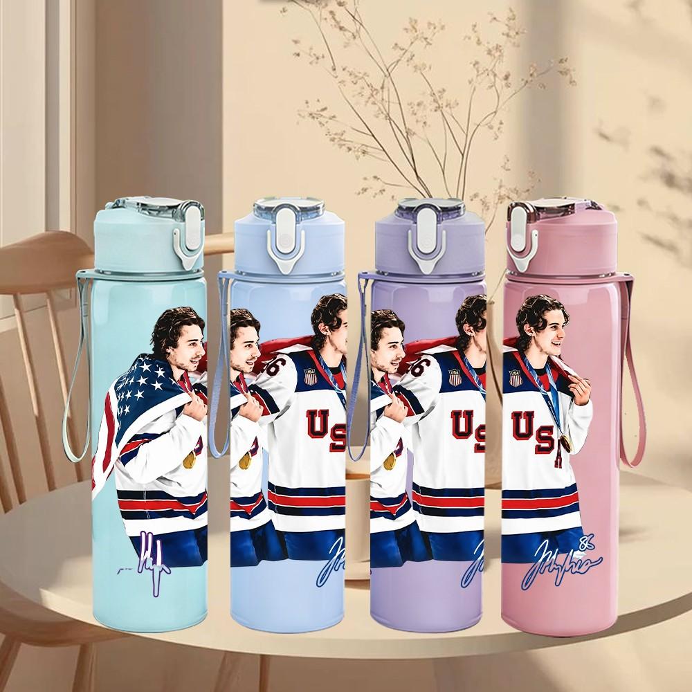 1PC Hockey Player Athlete 750ml Sports Water Bottle Leakproof Straw Lid Outdoor Office Home