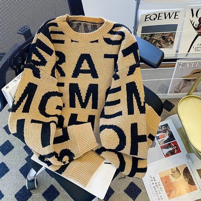 Letter jacquard outer sweater women's medium and long loose fashionable thickened warm knitted sweater