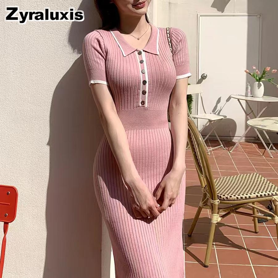 Korean Chic Retro Polka Dot Elastic Slim Fit High-Waisted Knit Bodycon Dress