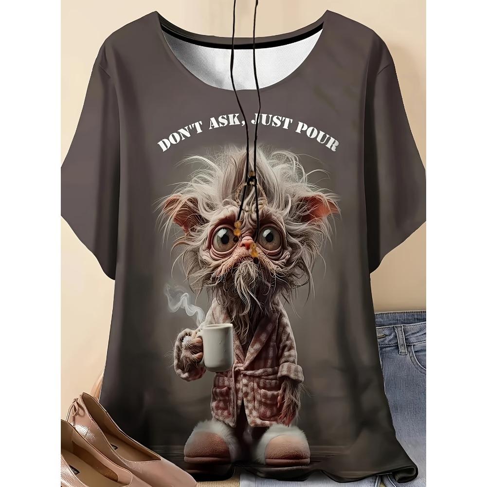 Plus Size Casual Crew Neck Short Sleeve Cat Animal Print T-Shirt - Soft Stretch Polyester Fabric Spring and Summer Womens Relaxed Fit Clothing