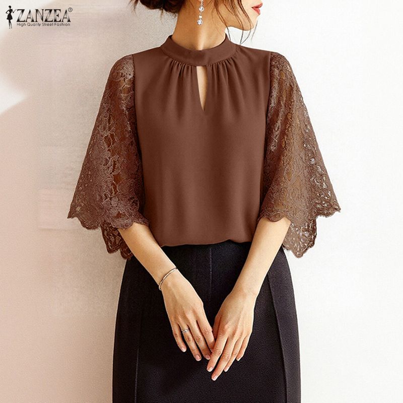ZANZEA Bluză de damă cu gât rotund, dantelă aplicată și mâneci trei sferturi