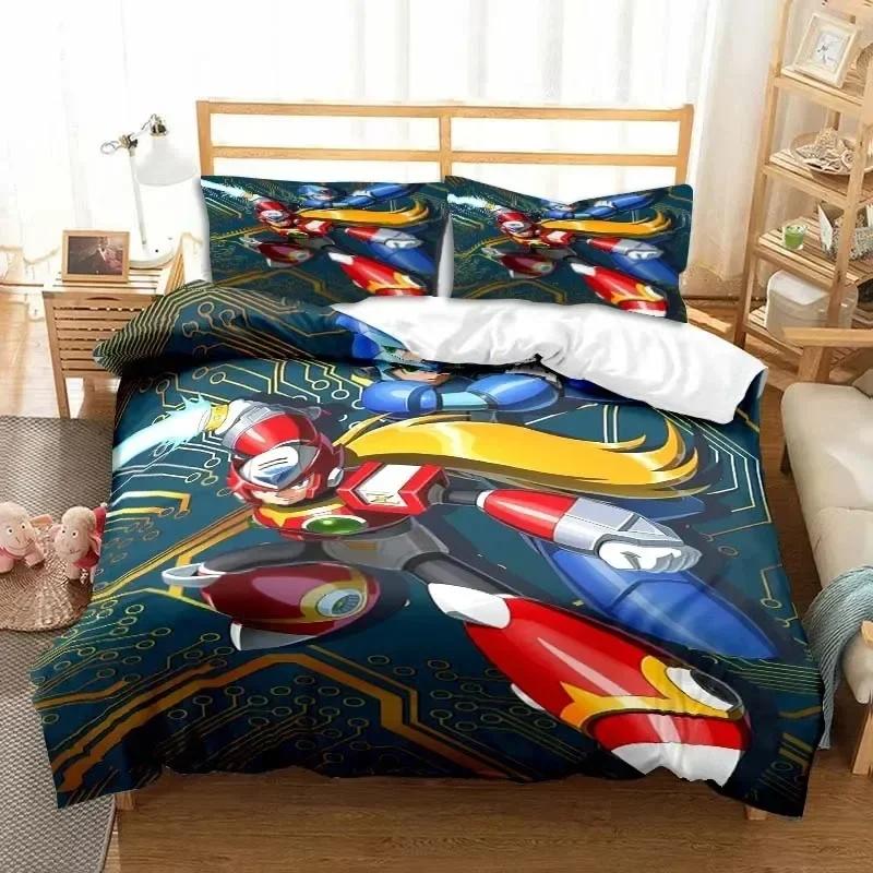 Rockman Megaman Game Cartoon Bedding Set Printed With Pillowcase Bed Duvet Cover Soft Queen King Size Bedclothes Home Boys Gift