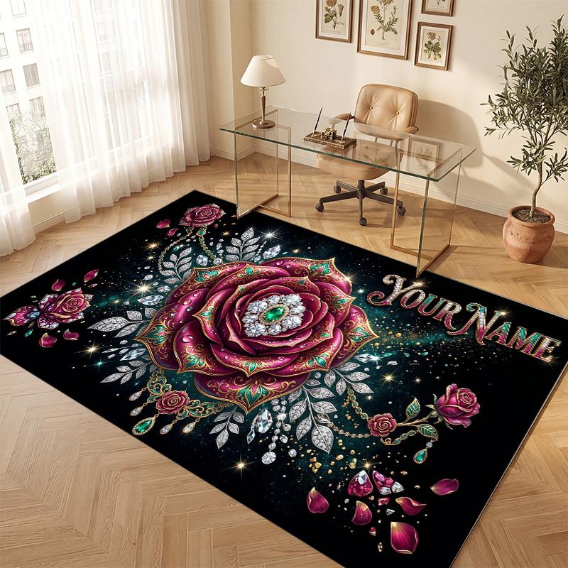 Floral Garden Theme Soft Crystal Velvet Rug Custom Name & Text Print Non Slip Floor Rug for Bedroom Living Room