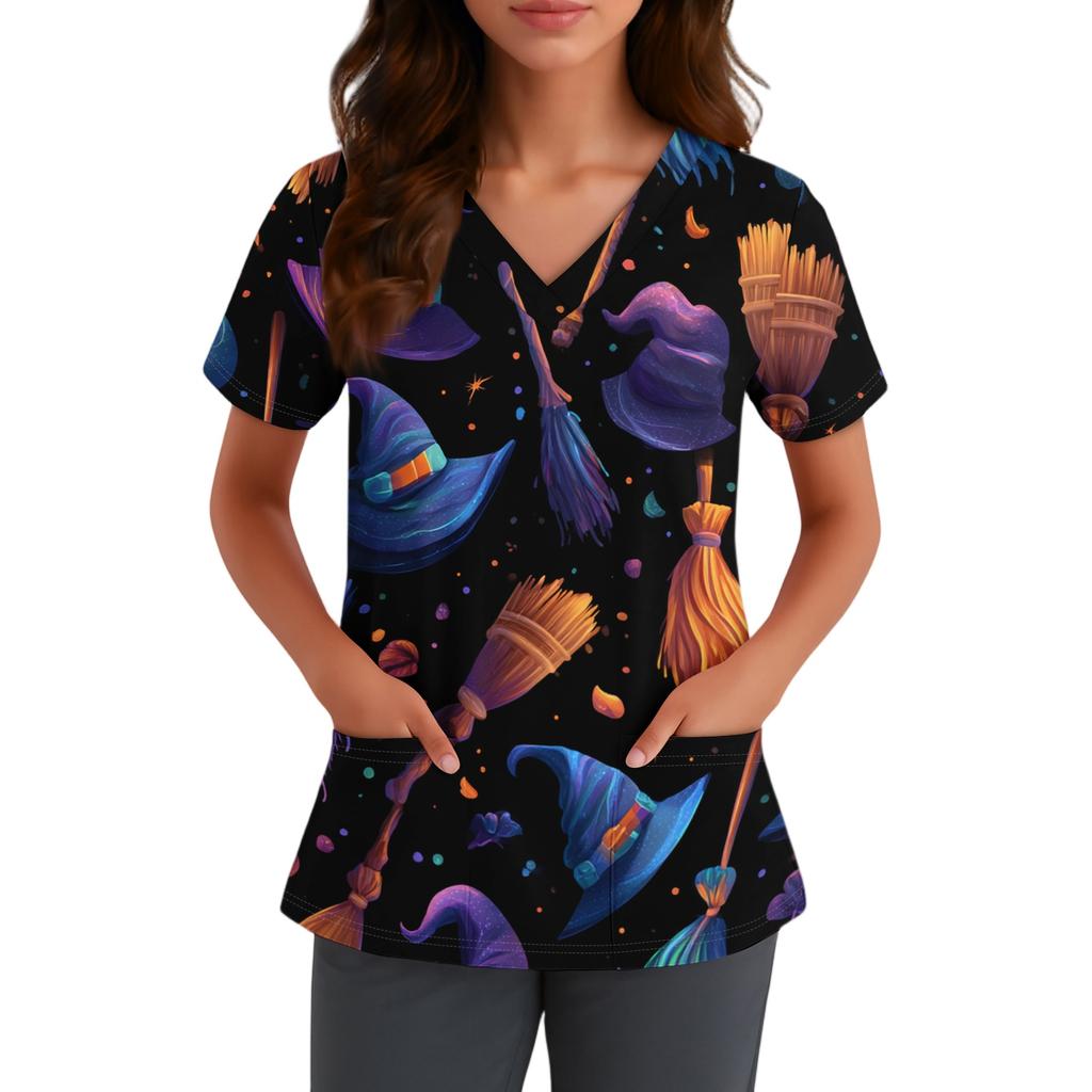 Haut d'uniforme médical à manches courtes et col en V pour femme avec poches Chapeau de sorcière d'Halloween et imprimé Uniforme de travail pour infirmière aide-soignante