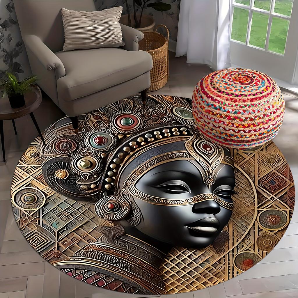 Vintage African Tribal Round Rug, Intricate Geometric Pattern Mat, Soft Washable Polyester Carpet for Living Room, Bedroom Decor