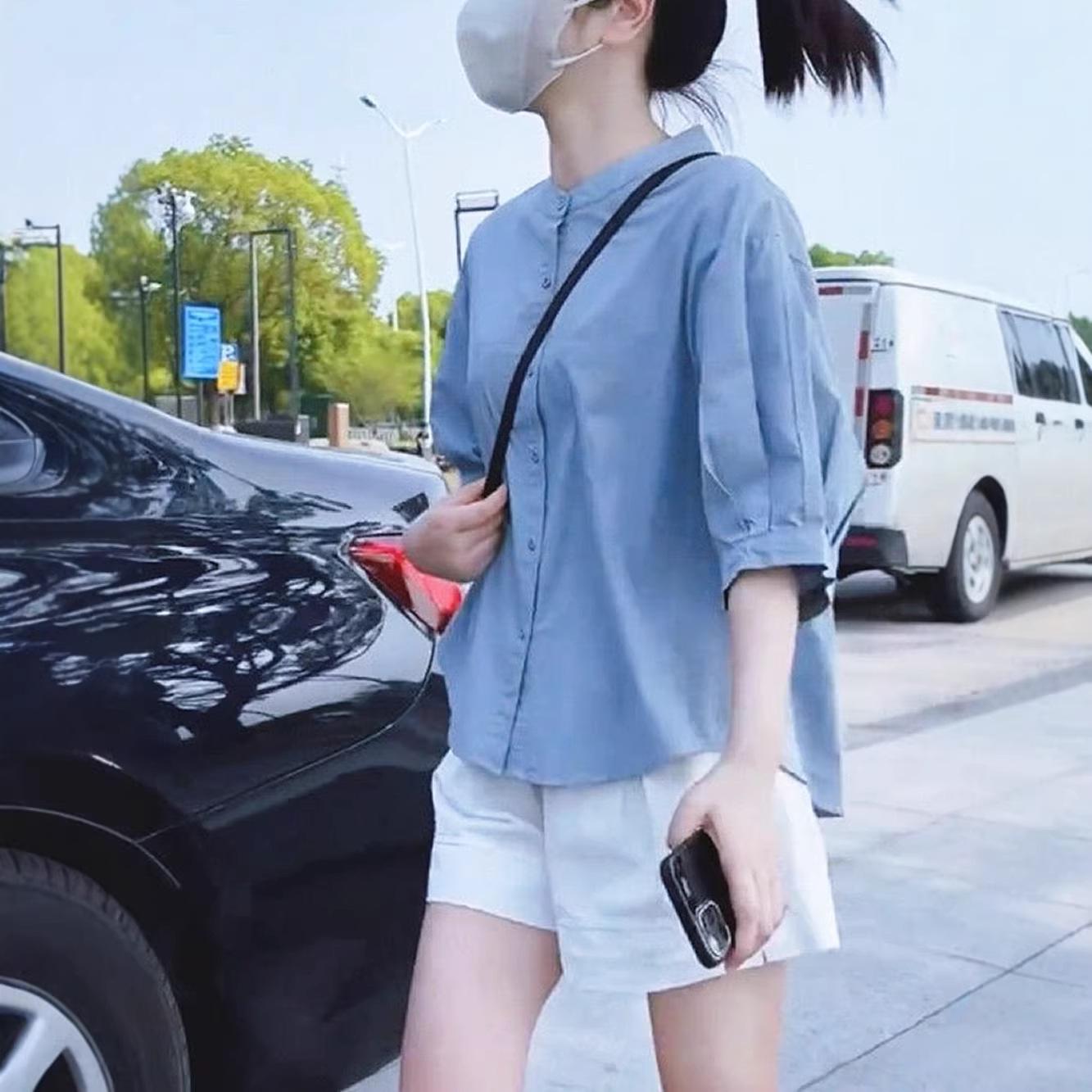 Women s Summer Casual Mid-Sleeve Sun Protection Shirt - Stylish, Age-Reducing, Loose Fit S синий