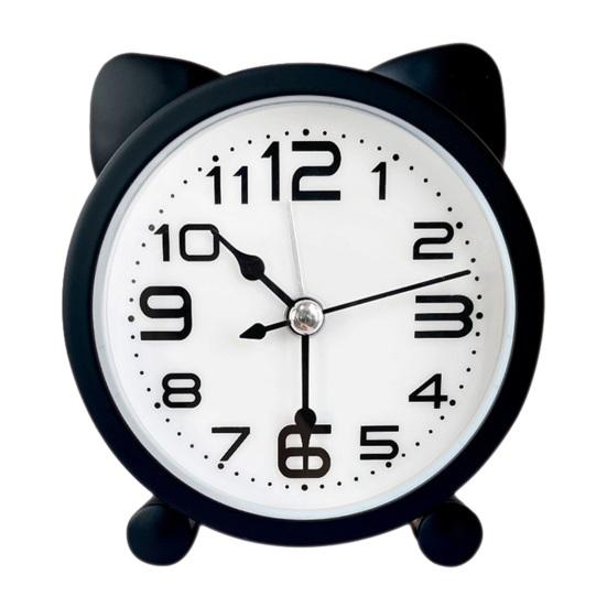 Non-Ticking Analog Clock Cat Ear Alarm for Kids, Silent Metal Cartoon Desk Clock, Battery Powered Home Office Decor
