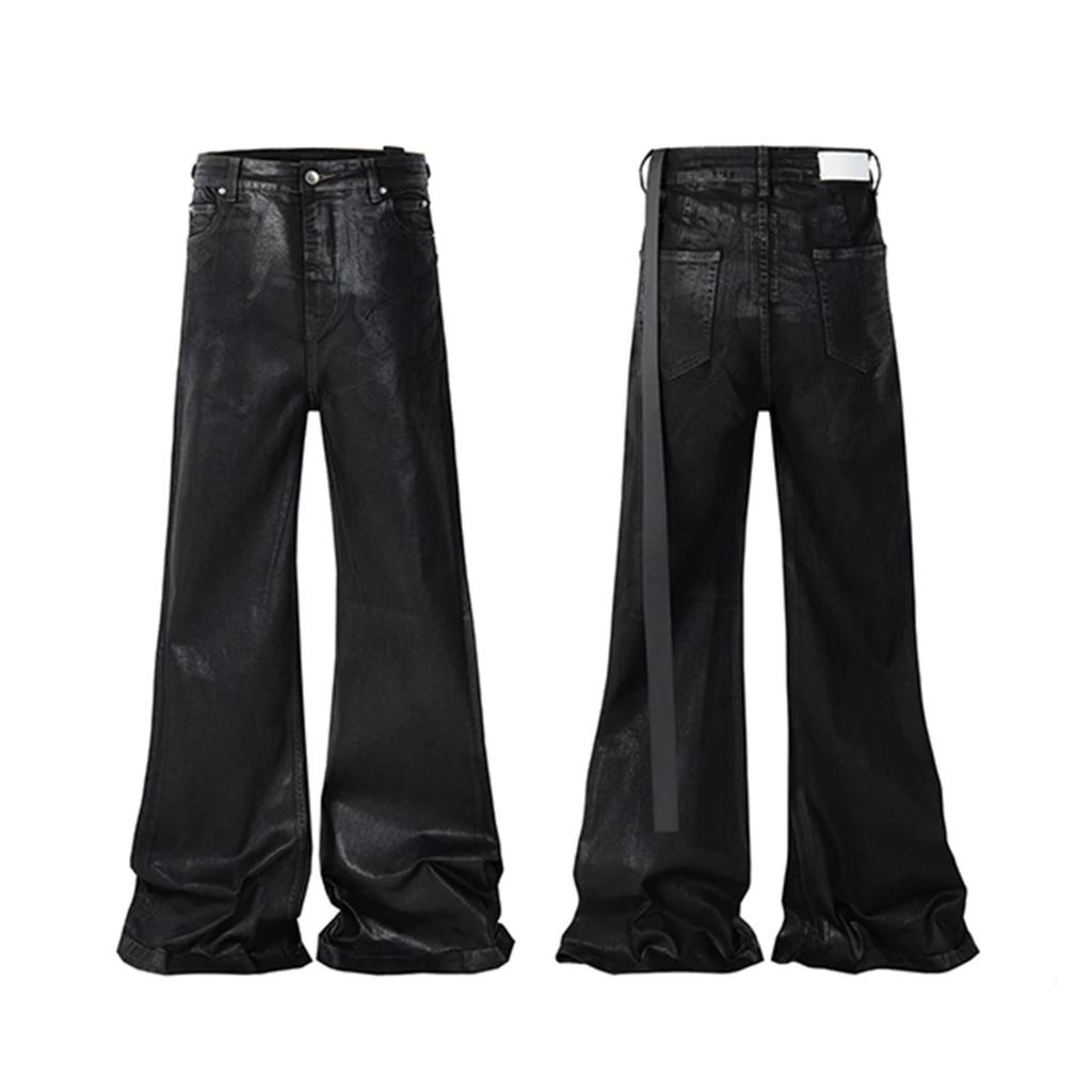 ZYLLO Streetwear Black Wax Leather Strecth Jeans for Men Ropa Hombre Baggy Y2k Flare Pants Oversized Straight Denim Trousers
