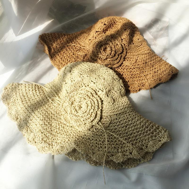 Summer Hats For Women Flower Rope Chain Foldable Sun Hat Beach Accessories Seaside Holiday Bucket Hat Sunhat New Beige Khaki