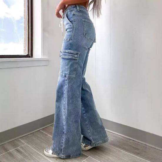 Jeans Cargo a Vita Media da Donna Pantaloni Denim Gamba Dritta Larga