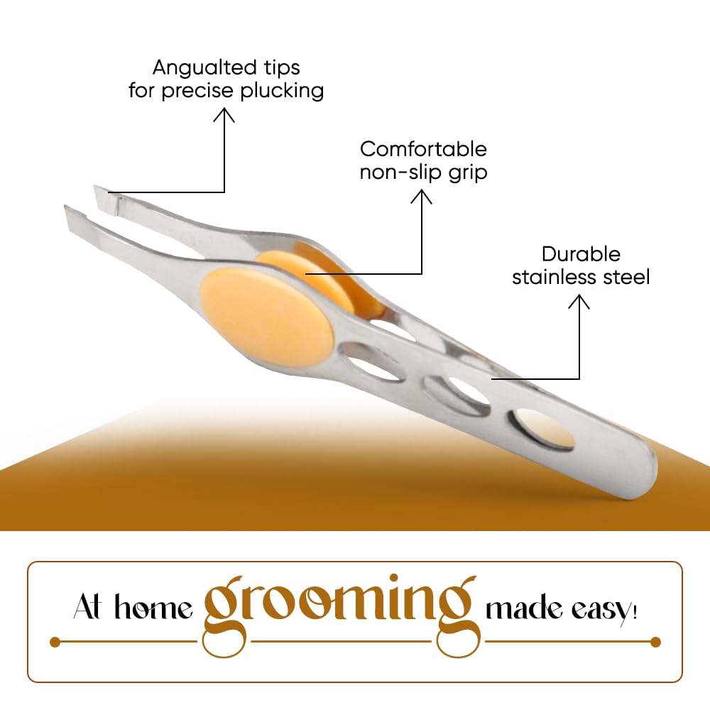 FOLELLO Square Tip Tweezer/Plucker with Rubber Grip, Suitable for Eyebrows, Upper Lips & Small hairs (Golden), Precision Tweezers for Home & Prof