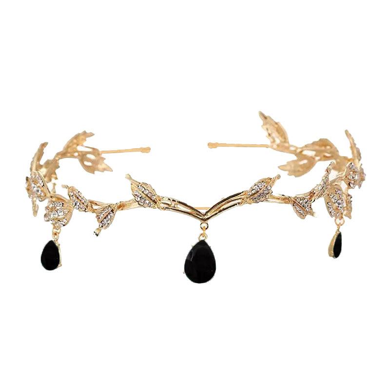 Korean Style Bridal Crown Leaf Water Drop Alloy Eyebrow Pendant Crown Baroque Princess Headband Retro Rhinestone Hair Accessories