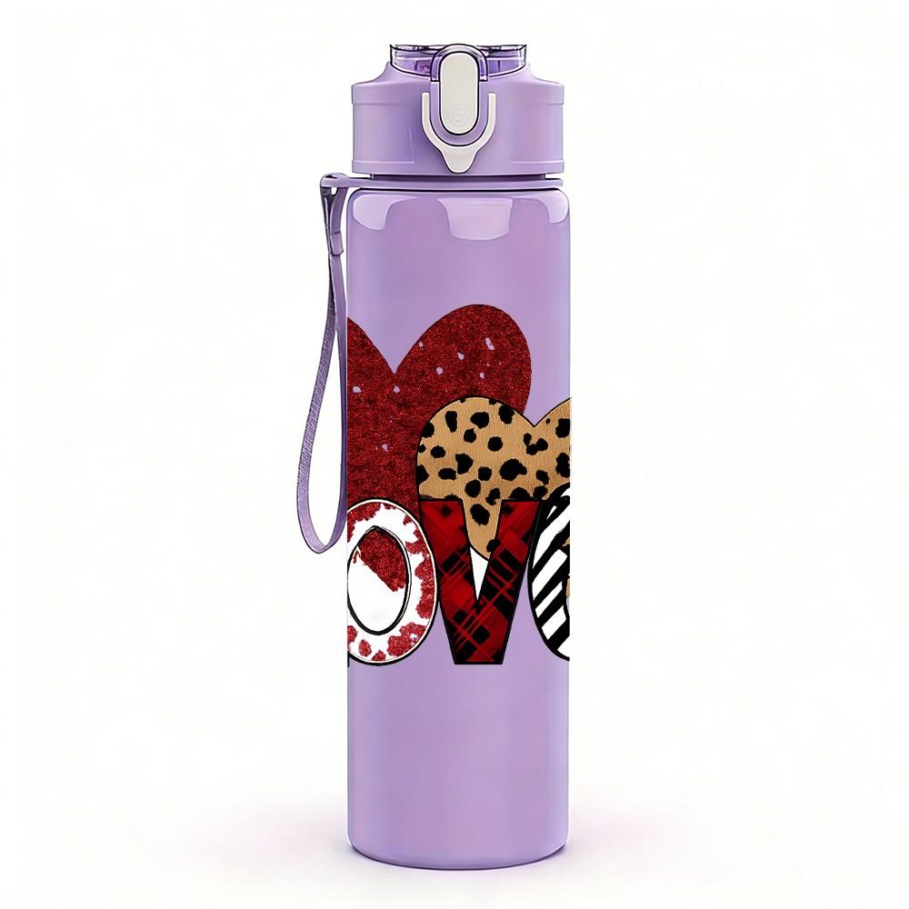 1PC Leopard Pattern Love Heart 750ml Color Plastic Sports Water Bottle Leakproof Flip Straw Lid Suitable for Sports Office Home Use