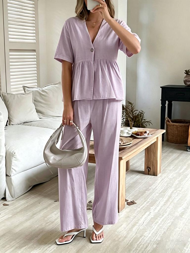 Europe, America, Cross-border Amazon Foreign Trade Fashionable and Elegant V-neck Loose Short-sleeved Top and Wide-leg Pants Two-piece Set