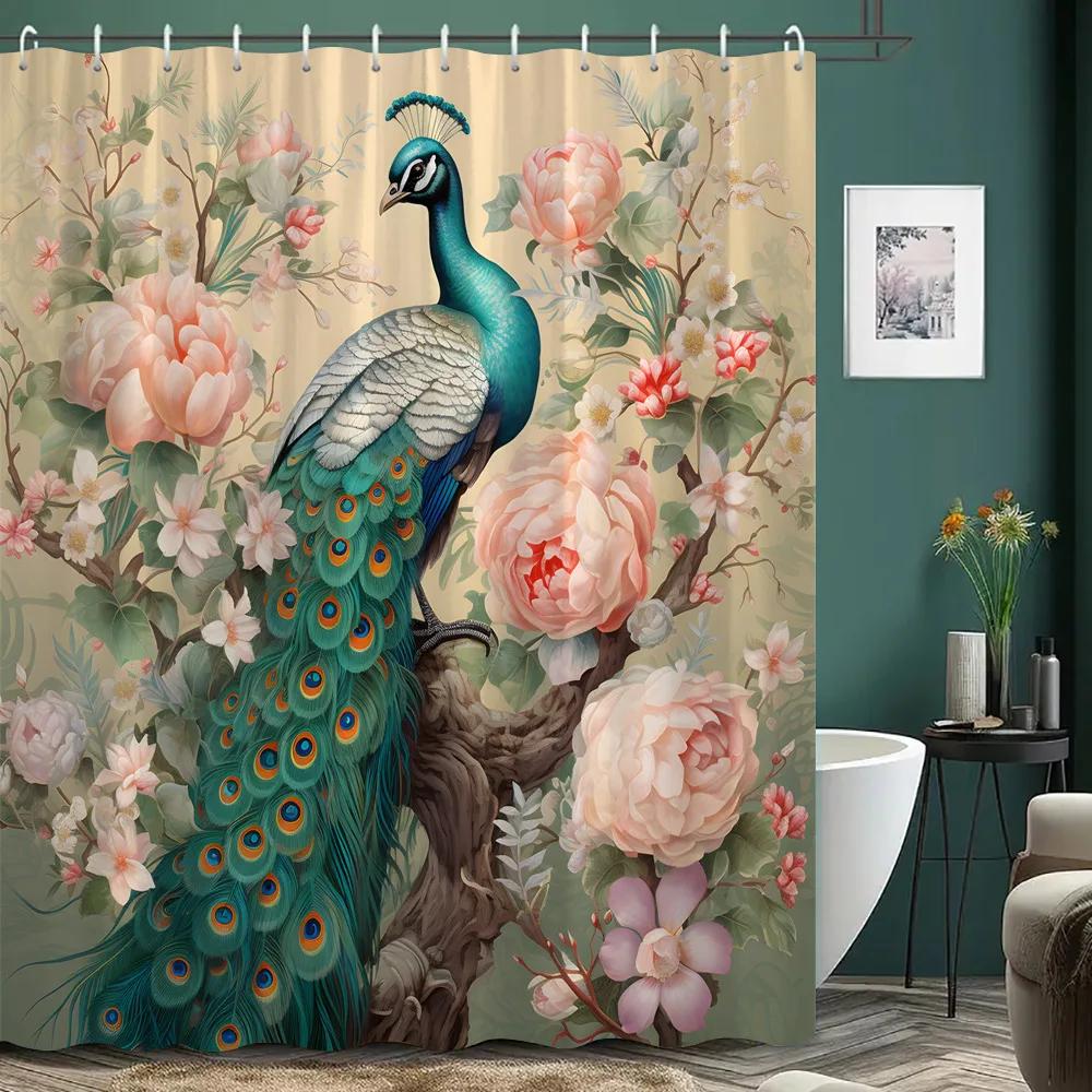 Beautiful Peacock Shower Curtain Blooming Flower Botanical Watercolour Artistic Creation Polyester Shower Curtain Bathroom Dec