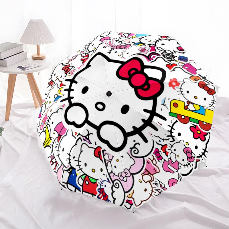 Cartoon Hello Kitty print semi-automatic umbrella, UV-protective sun umbrella, with thickened and durable ribs. (as the picture,iron&8K)