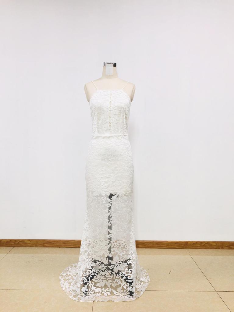 Europäisches & Amerikanisches Sexy Spaghetti-Träger Mesh Stickerei Rückenfreies Abendkleid für Damen