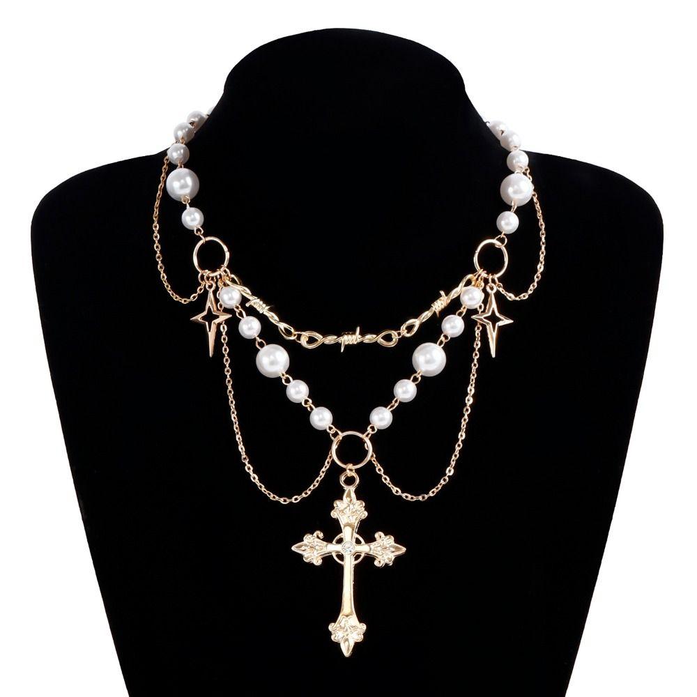 Charm Cross Rosary Necklace Handmade Double-layer Cross Pendant Choker Girl Gifts