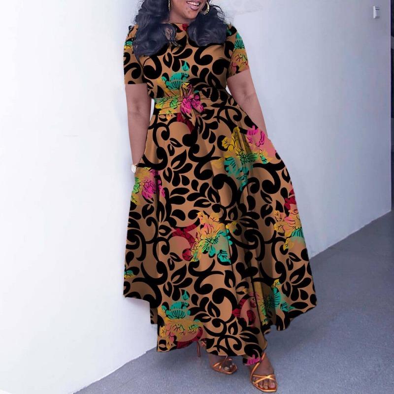 Women Fashion Plus Size Short Sleeve Lace Up Mid Length A Line Dress
