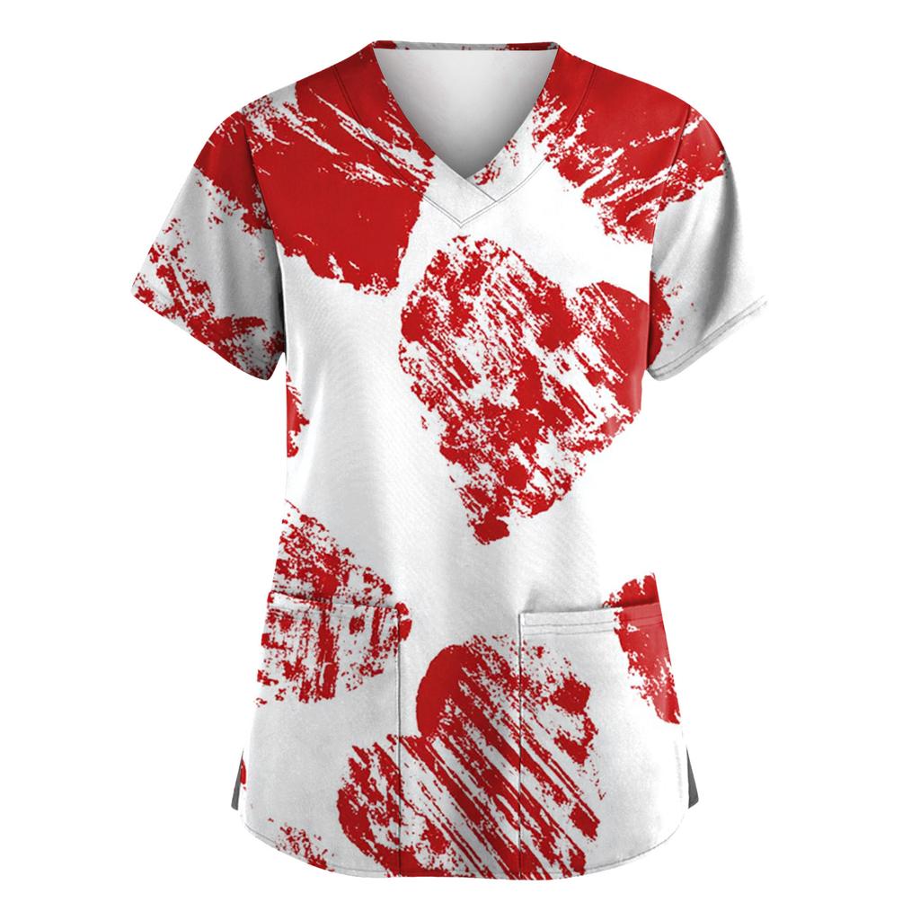 Women V Neck Printed Scrub Top Short Sleeve Uniform with Heart Pattern Two Front Pockets Comfortable Fit