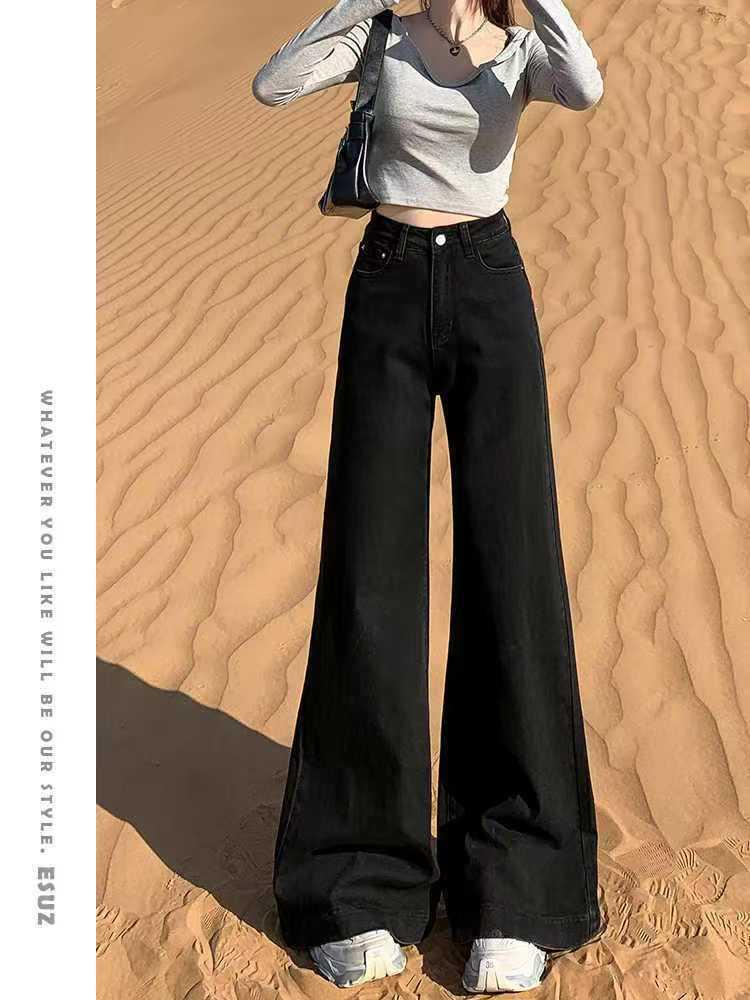 

Women s High-Waisted Black Wide-Leg Floor-Length Jeans, Spring/Autumn 2025 Fashion Flare Loose Fit Pants. L чёрный
