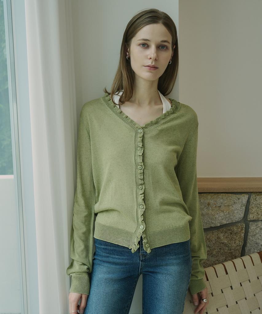 VLETI Linen Blend Double-Layer V-Neck Cardigan (Olive)