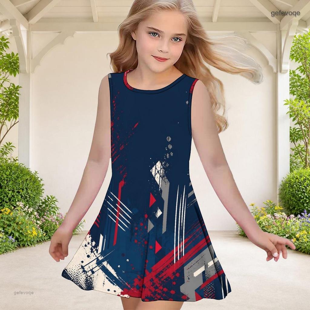 Girls Round Neck Sleeveless Printed A Line Flared Dress Navy Blue Red Gold