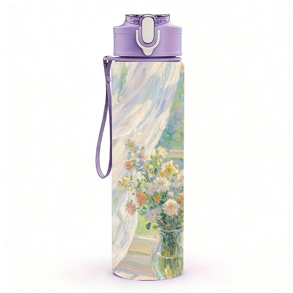 1PC Soft Vase Bouquet Impressionist Flower Painting 750ml Color Plastic Sports Water Bottle Leakproof Flip Straw Lid Suitable for Sports Office Home