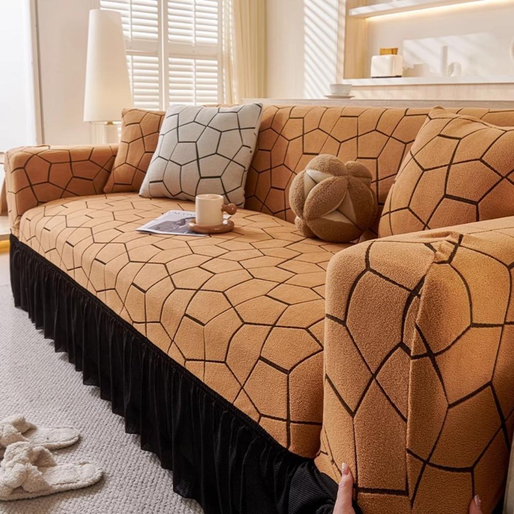 Jacquard Sofa Cover with Skirt Universal Full Coverage Stretch Slip Proof Fabric Couch Dust Protector