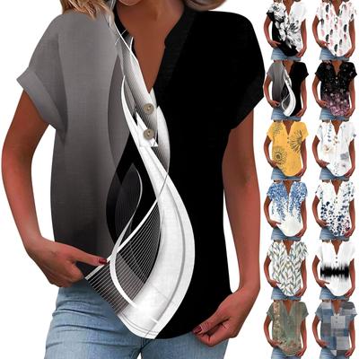 Women's Fashion Casual Printed V-Neck Short Sleeve Button Down Shirt T-Shirt Top