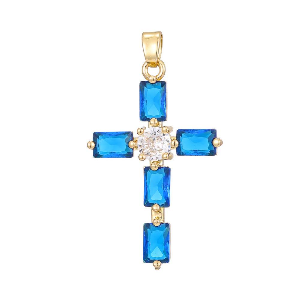 Gold-Plated Multi-Color Zirconia Cross Necklace with Full Diamond Design