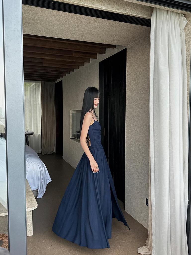 VENUIE Dark Blue Pleated Backless Lace-Up Long Sleeve Split Midi Dress